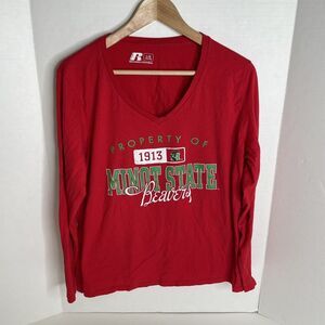 Minot State Beavers Womens V-Neck Long Sleeve Shirt, Red, Large, Russell